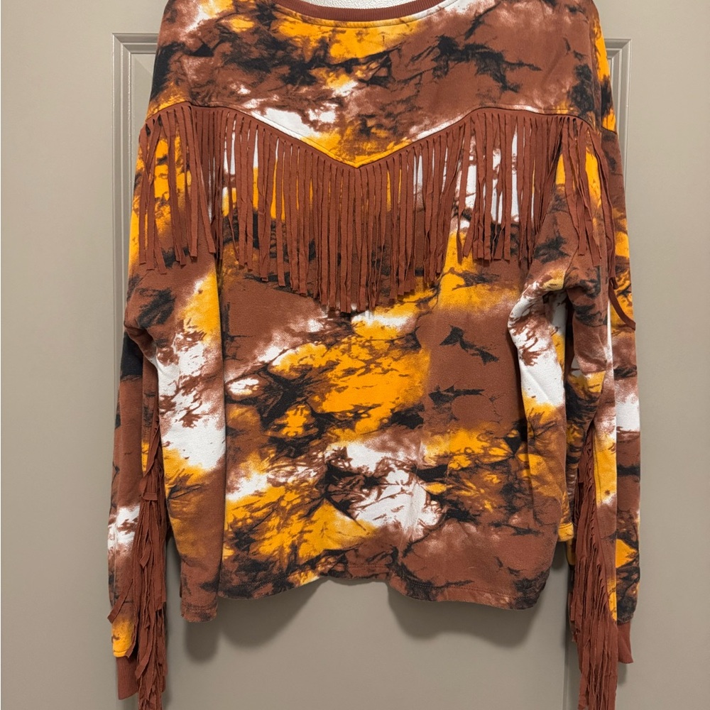 Idyllwind Tie-Dye Fringe Sweatshirt - Brown, Orange, and White